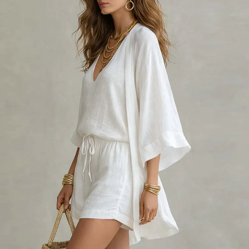 Women's V-Neck Kimono Shorts Set Three-Piece Summer