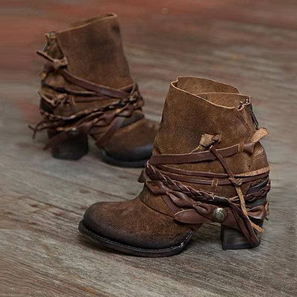 Women Ankle Wrap Strap Block Heel Boots