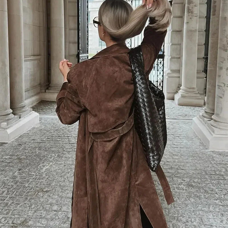Trench Coat Longline Suede Belted for Autumn