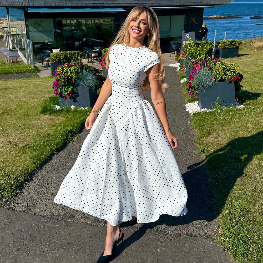 Polka Dot High Neck Maxi Dress for Wedding Guests