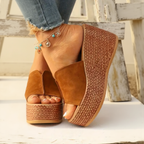 Brown fabric wedge sandals