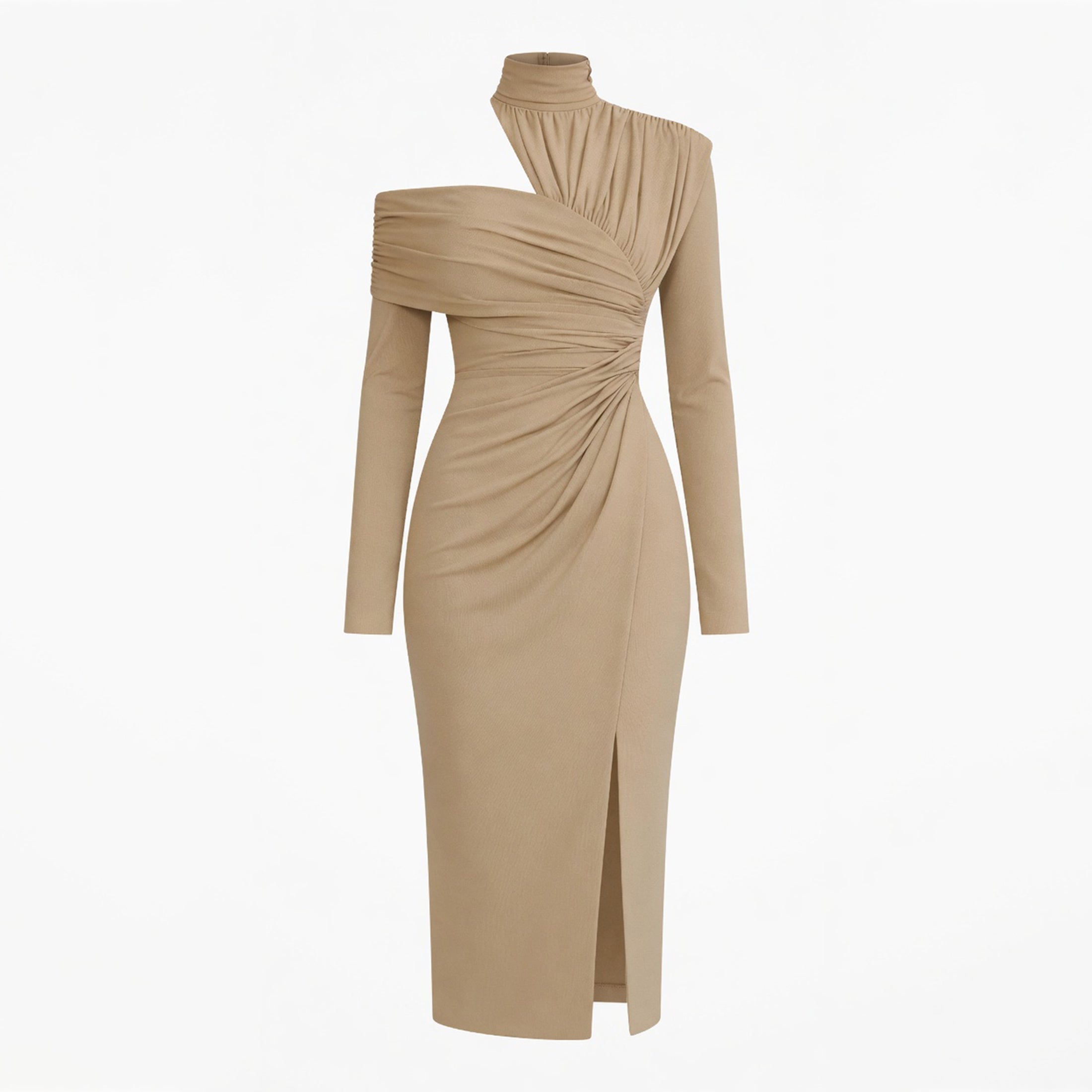 Veloire | Women's High Neck Pleated Asymmetrical Long Sleeve Dress