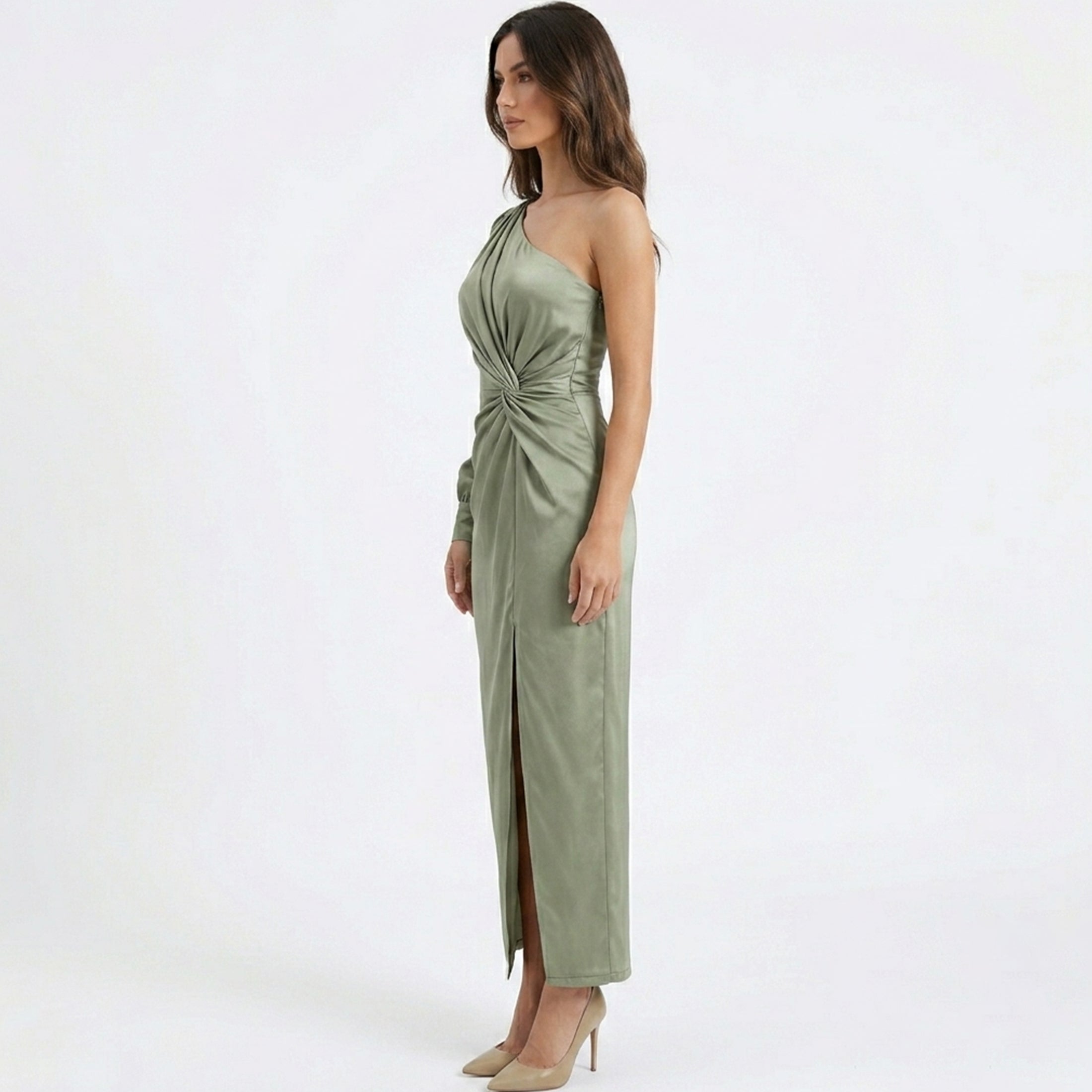 Green One-Shoulder Slit Maxi Dress Women