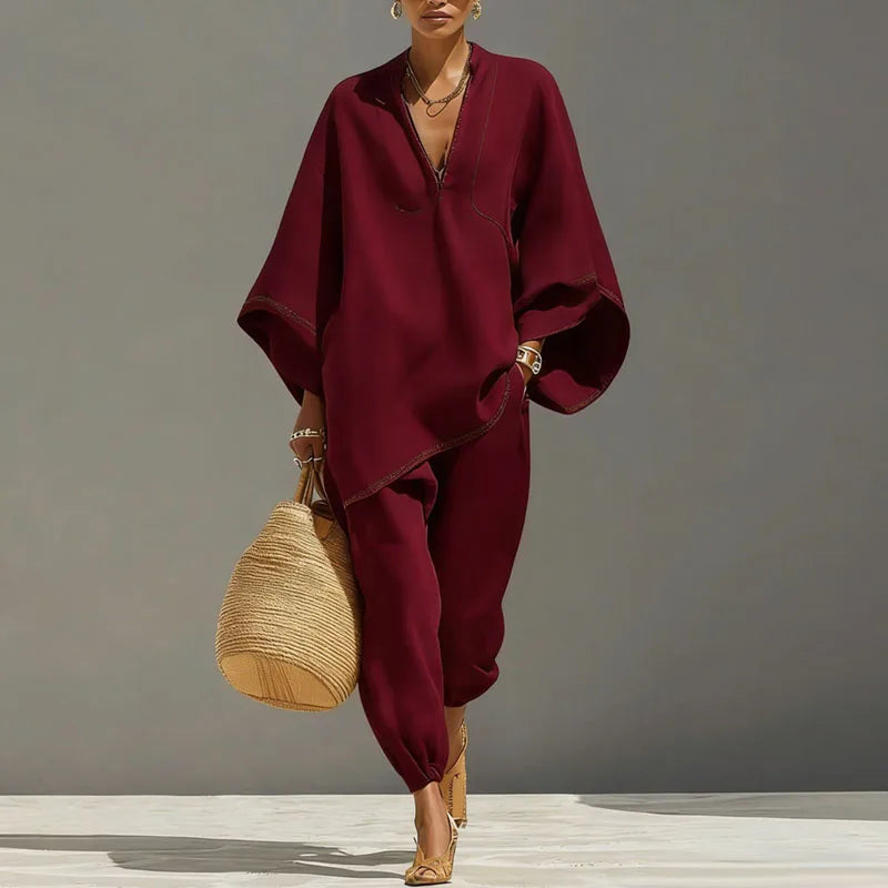 Women's Batwing V-Neck Trouser Set Two-Piece Summer