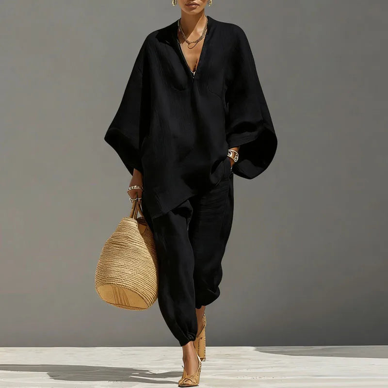 Women's Batwing V-Neck Trouser Set Two-Piece Summer