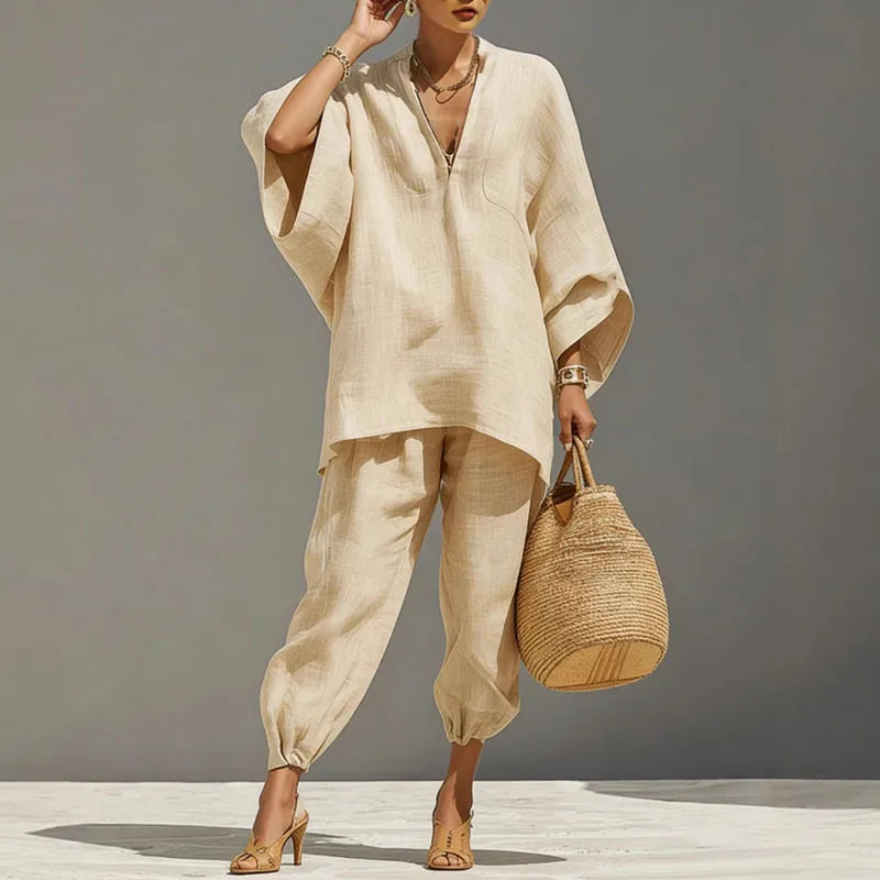 Women's Batwing V-Neck Trouser Set Two-Piece Summer