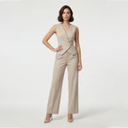 Ensemble de Pantalon Large à Taille Haute et Gilet à Col V Beige pour Femmes