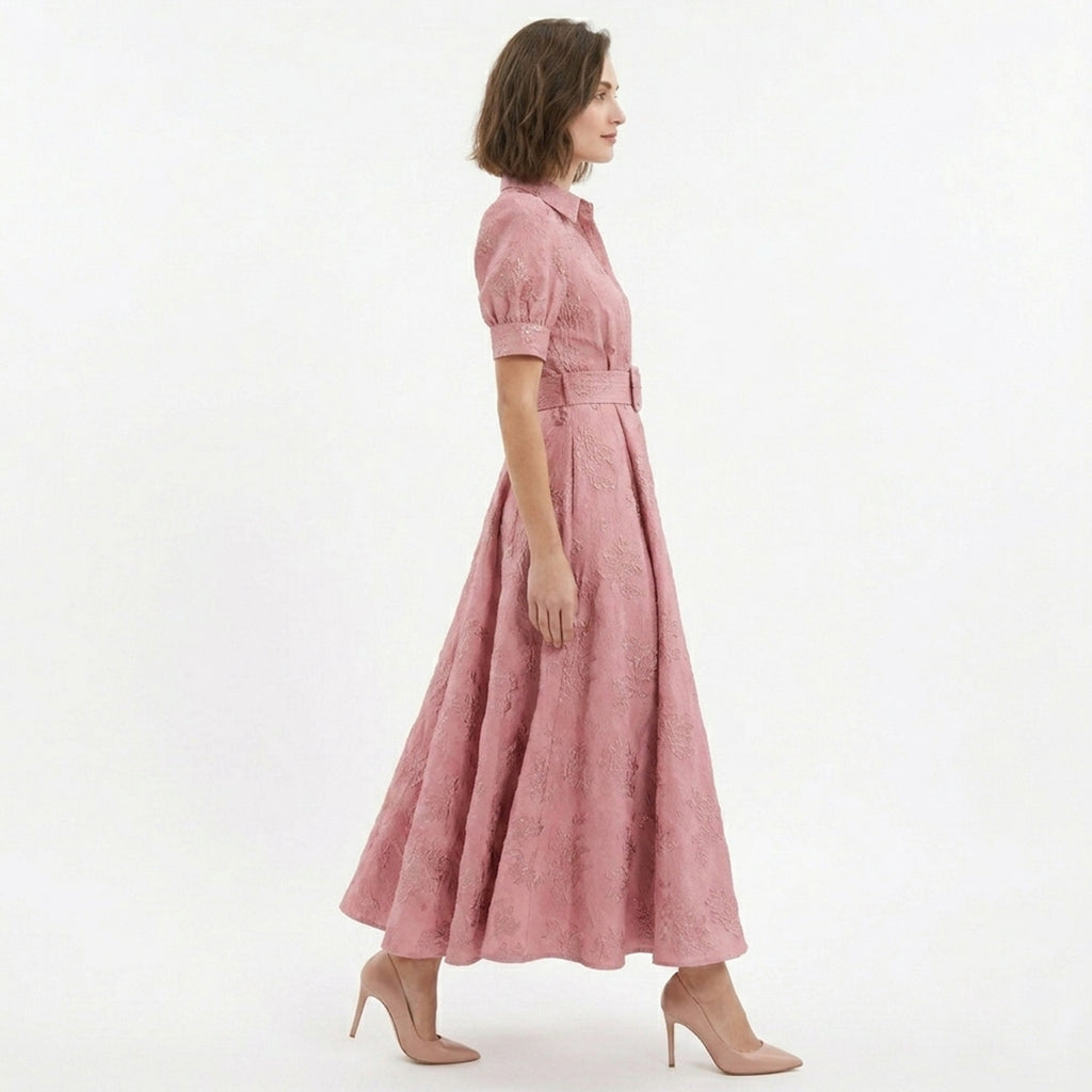 Robe Maxi Ceinturée Rose Invité de Mariage Femme