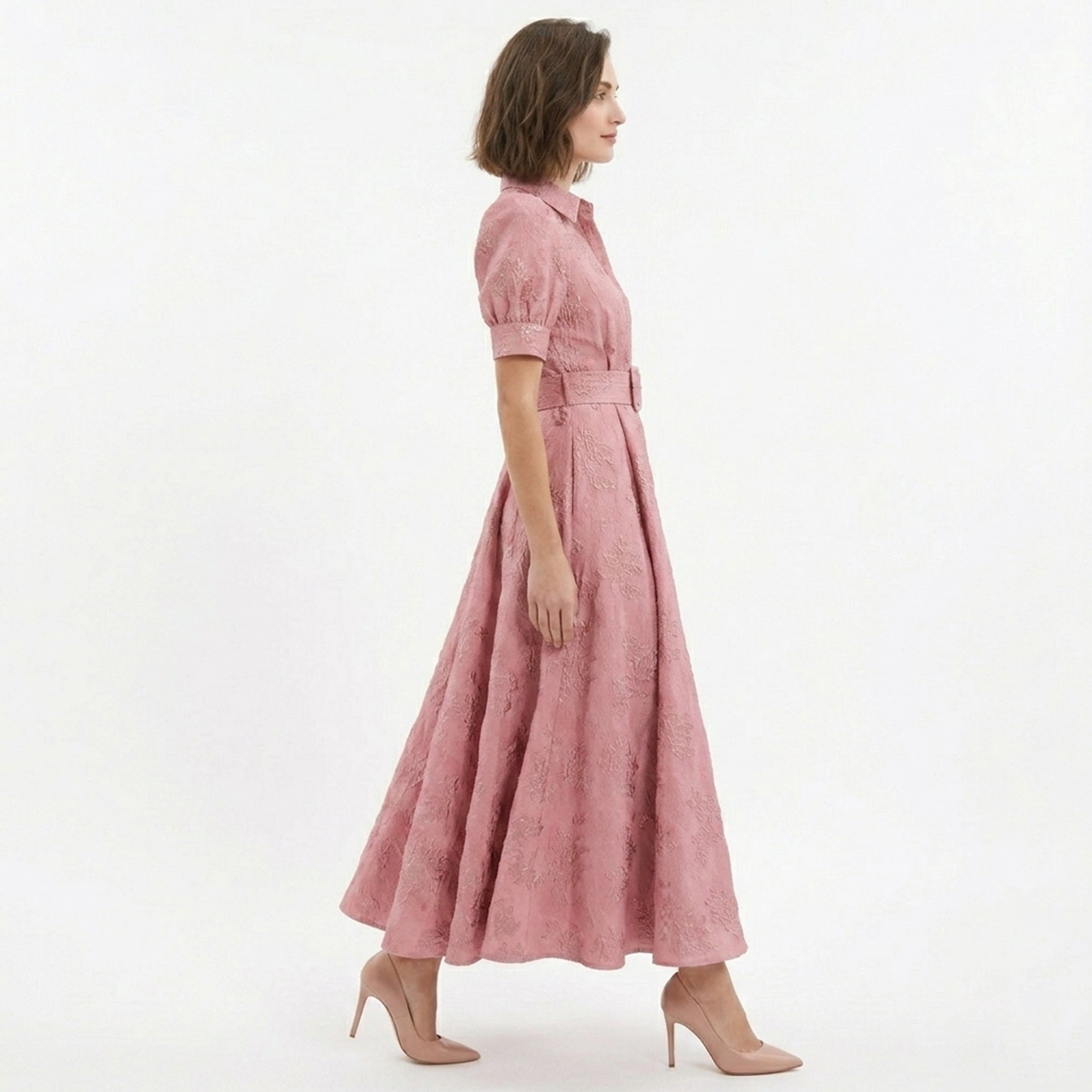 Robe Maxi Ceinturée Rose Invité de Mariage Femme