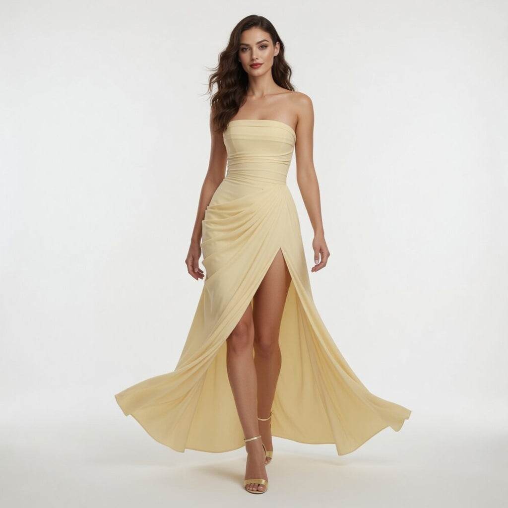 Yellow Ruched Maxi Dress Women's Wedding Guest