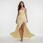 Yellow Ruched Maxi Dress Women's Wedding Guest