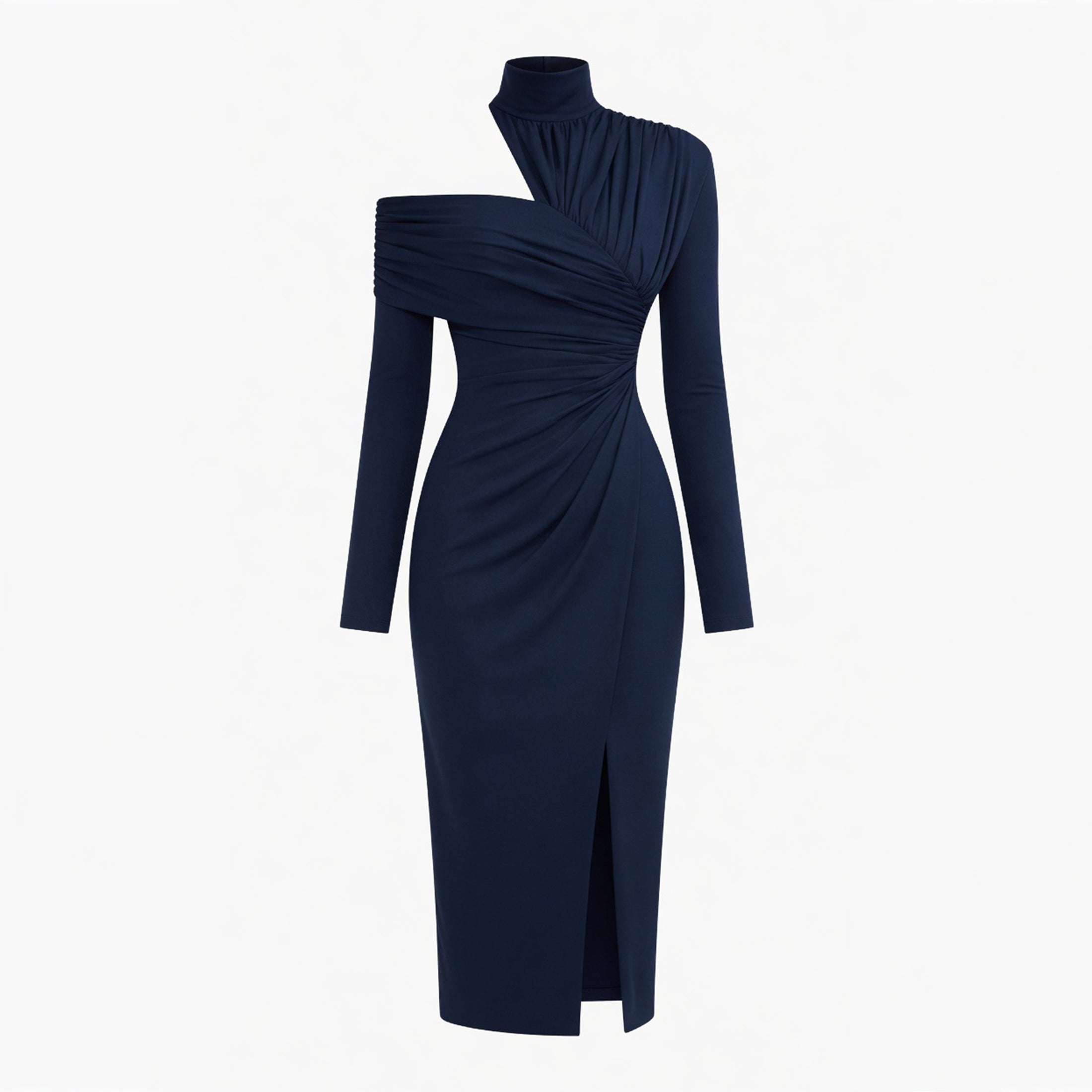 Veloire | Women's High Neck Pleated Asymmetrical Long Sleeve Dress
