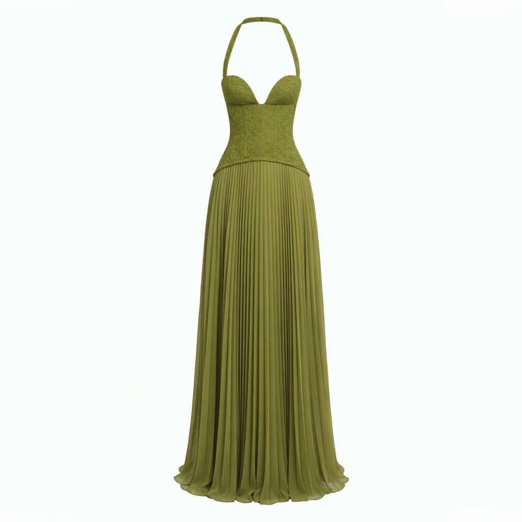 Robe maxi plissée à col halter en dentelle élégante pour femmes