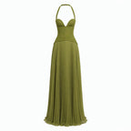 Robe maxi plissée à col halter en dentelle élégante pour femmes