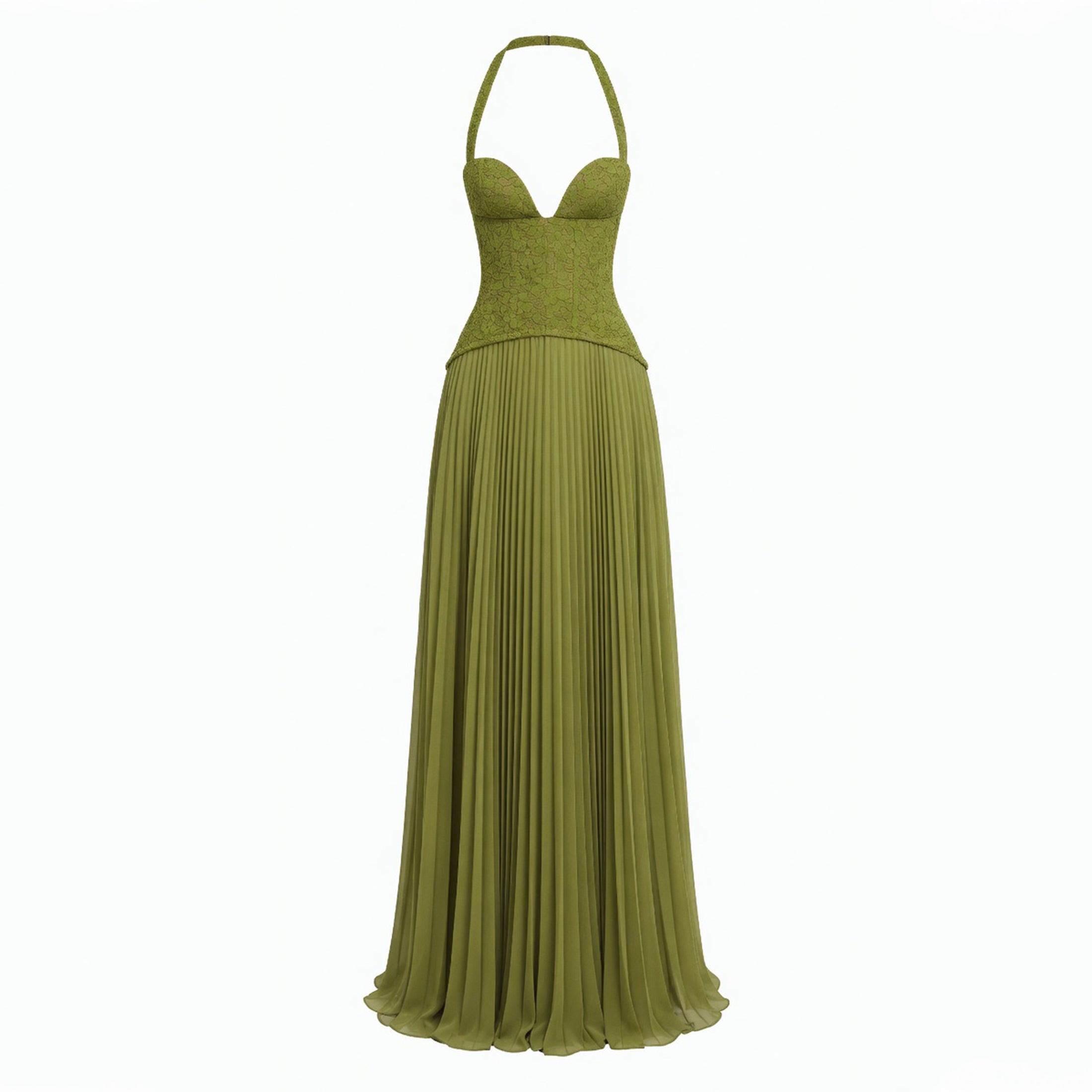 Robe maxi plissée à col halter en dentelle élégante pour femmes