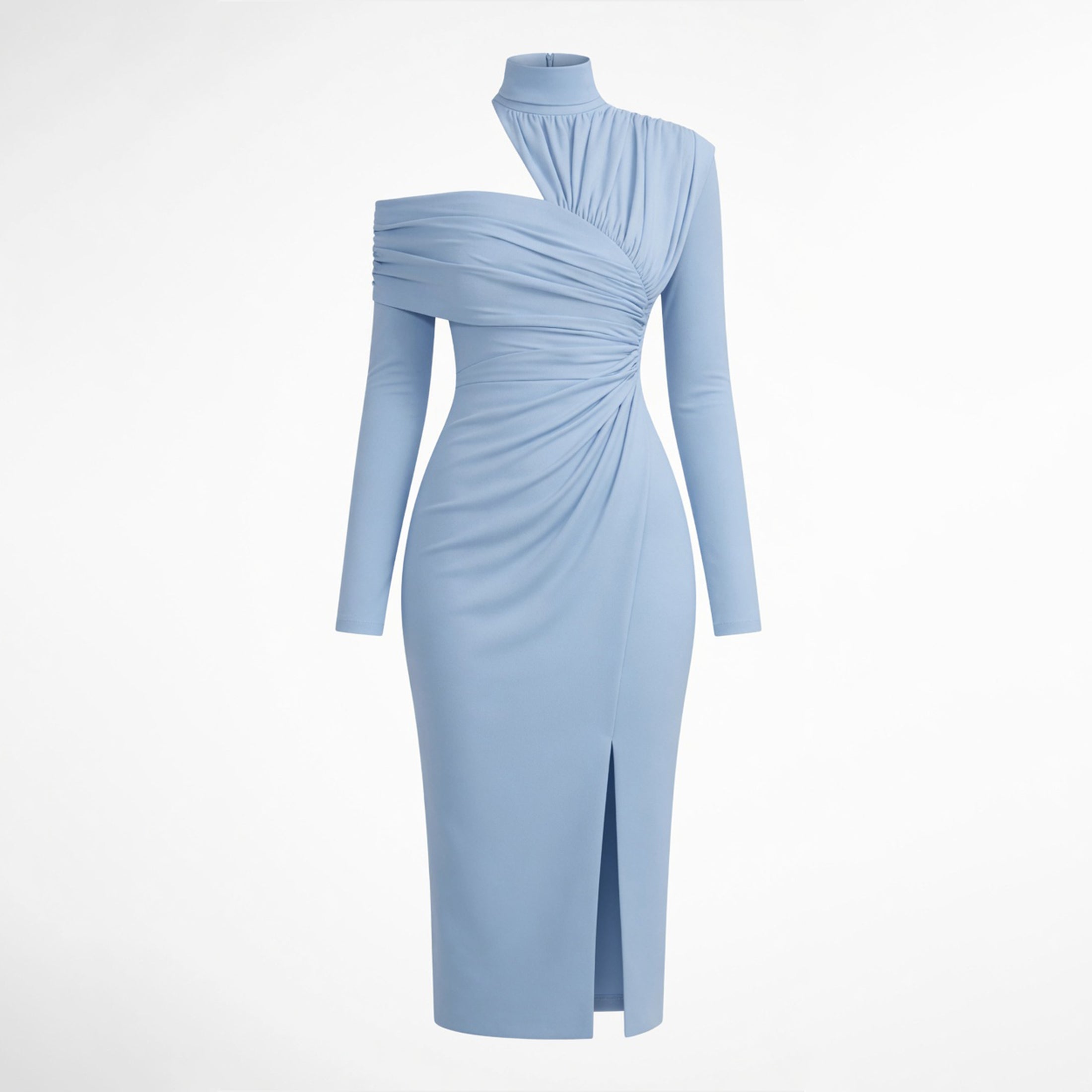 Veloire | Women's High Neck Pleated Asymmetrical Long Sleeve Dress