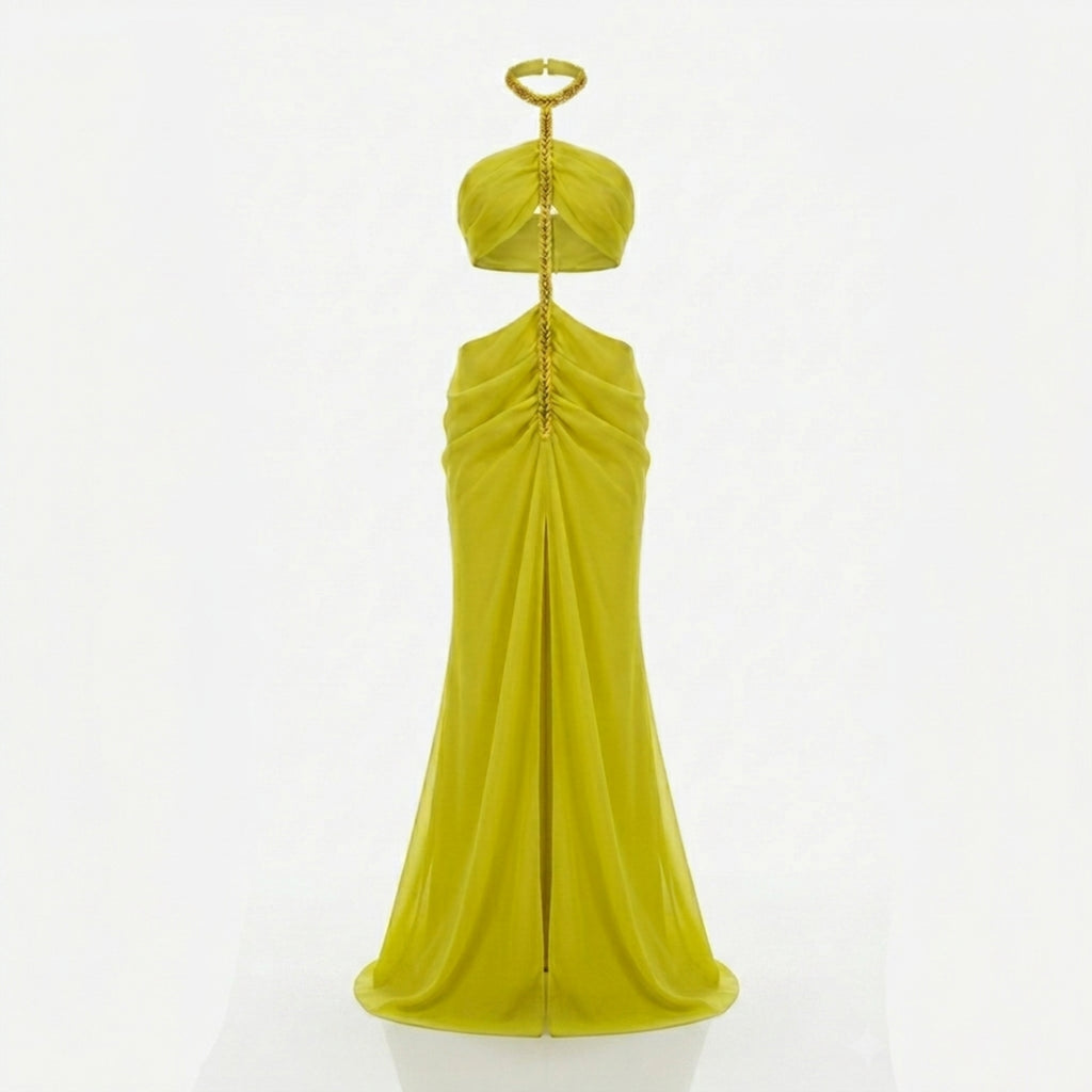 Robe maxi à encolure halter froncée pour femmes été