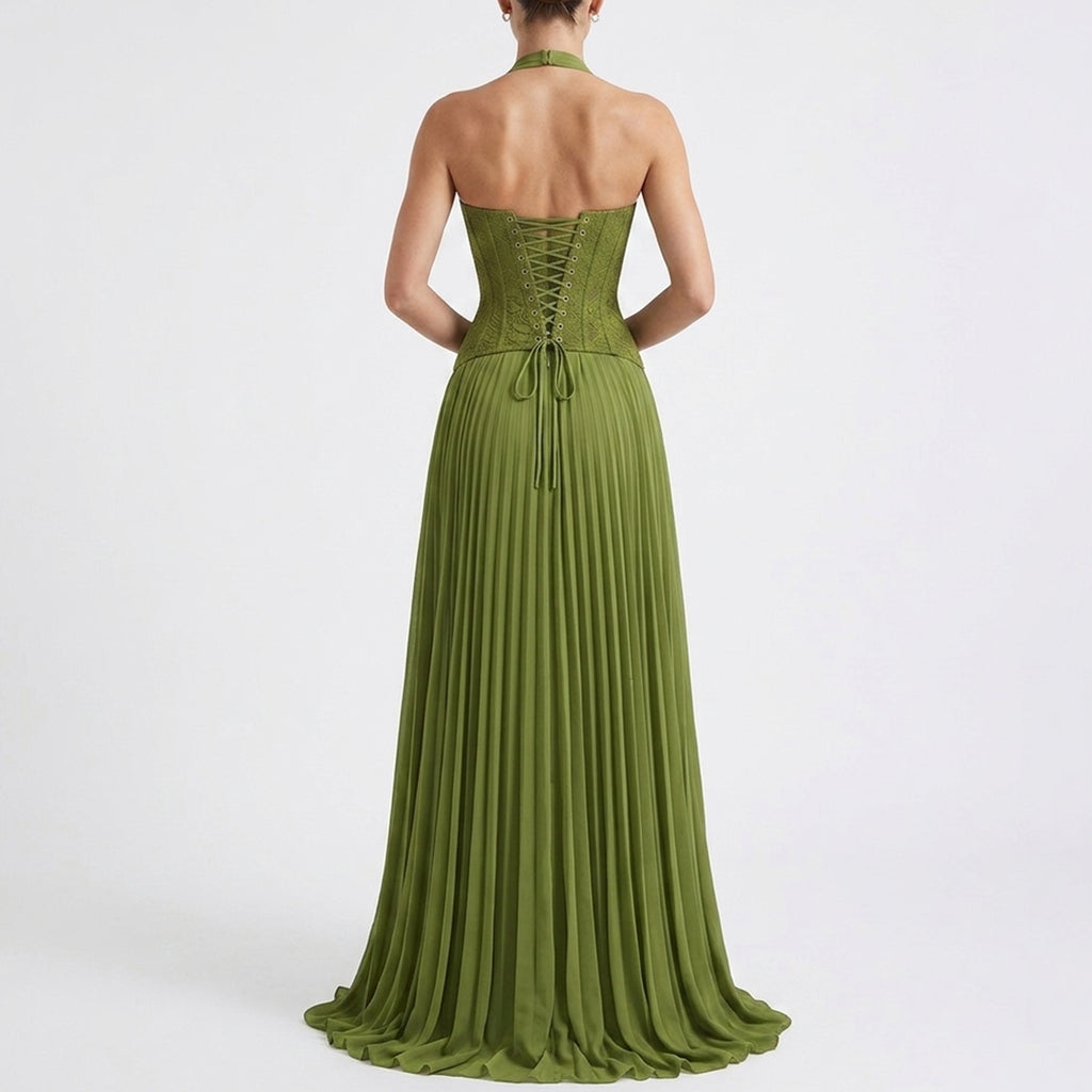 Robe maxi plissée à col halter en dentelle élégante pour femmes