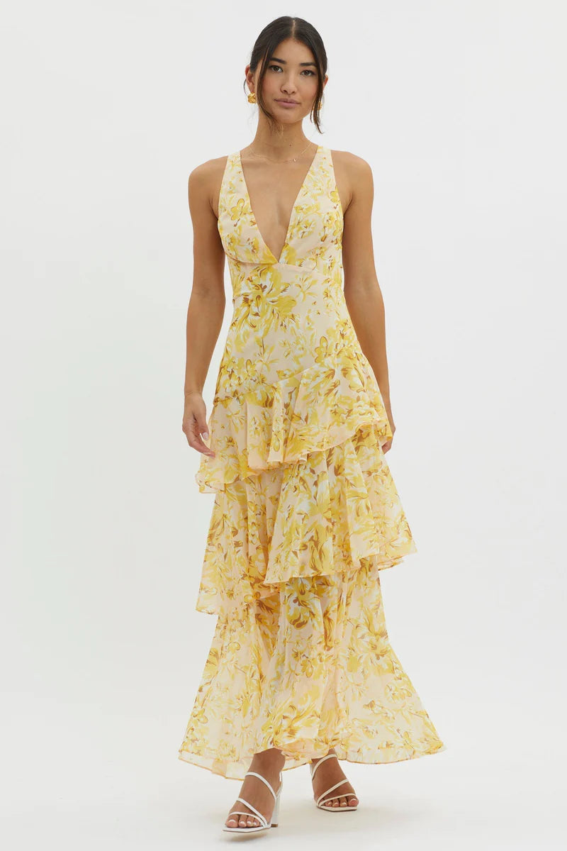 Floral Tiered Maxi Dress Sleeveless Wedding Guest