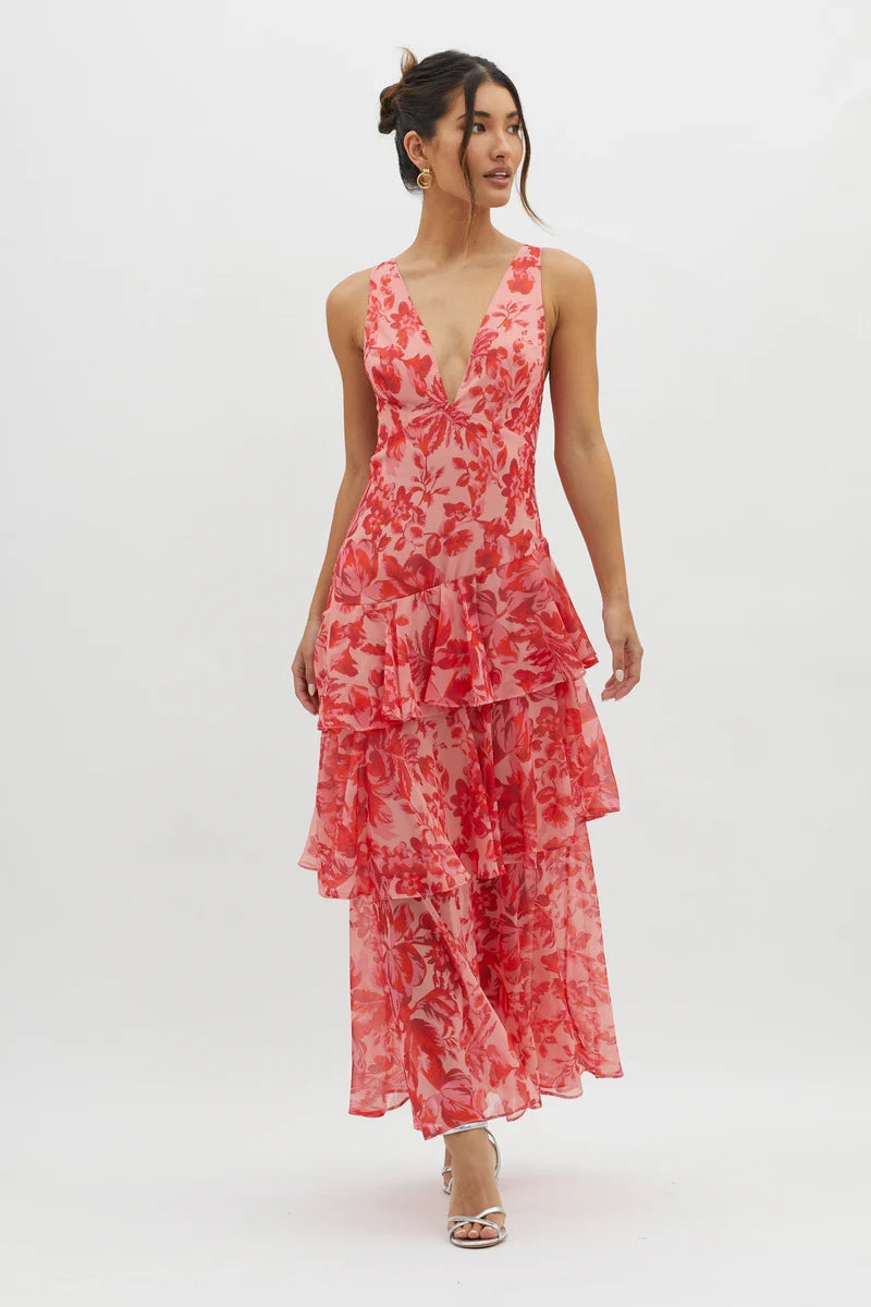 Floral Tiered Maxi Dress Sleeveless Wedding Guest