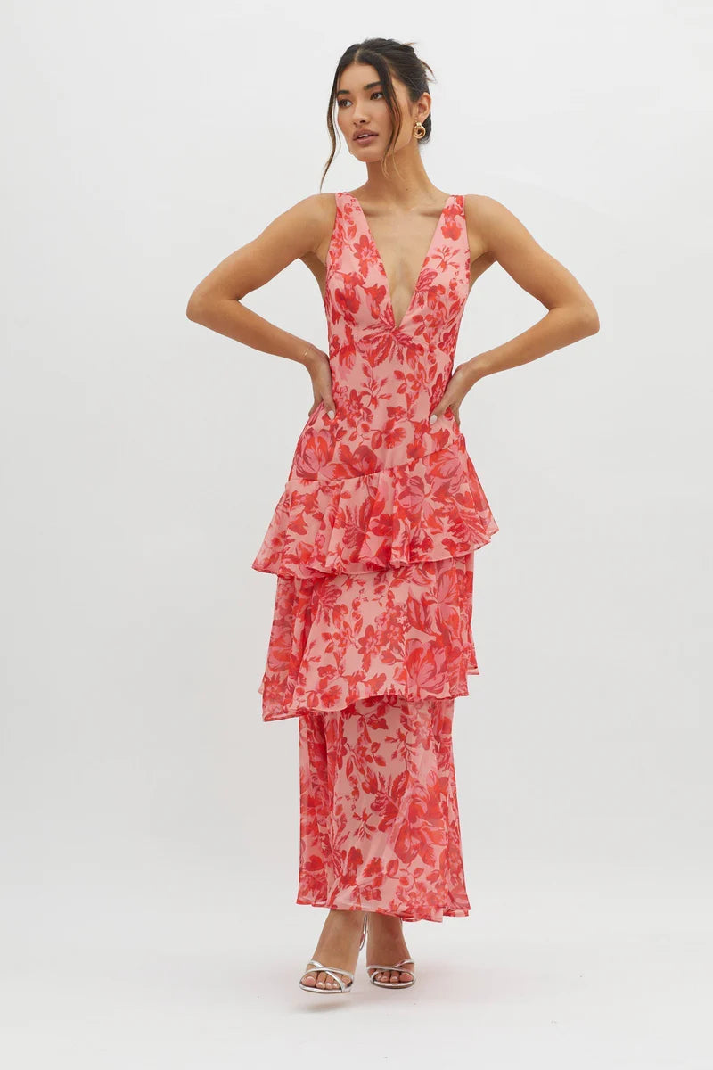 Floral Tiered Maxi Dress Sleeveless Wedding Guest