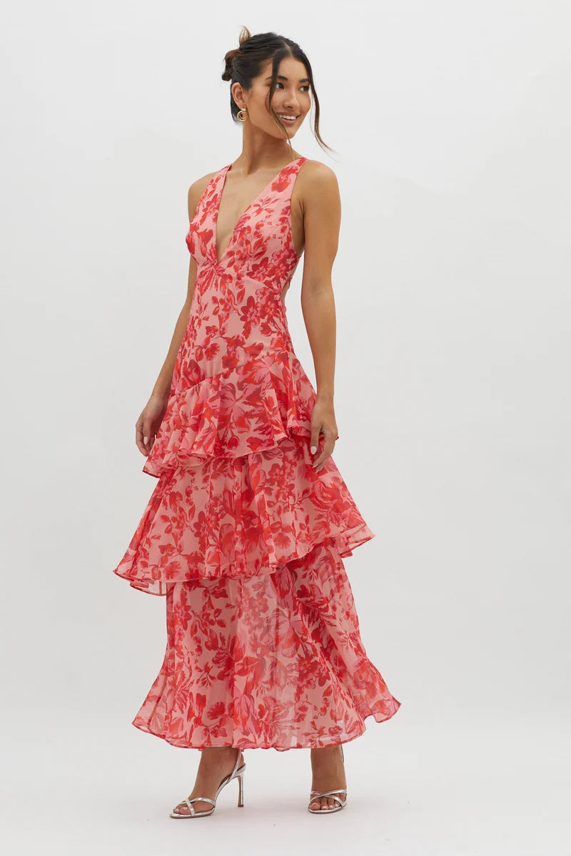 Floral Tiered Maxi Dress Sleeveless Wedding Guest