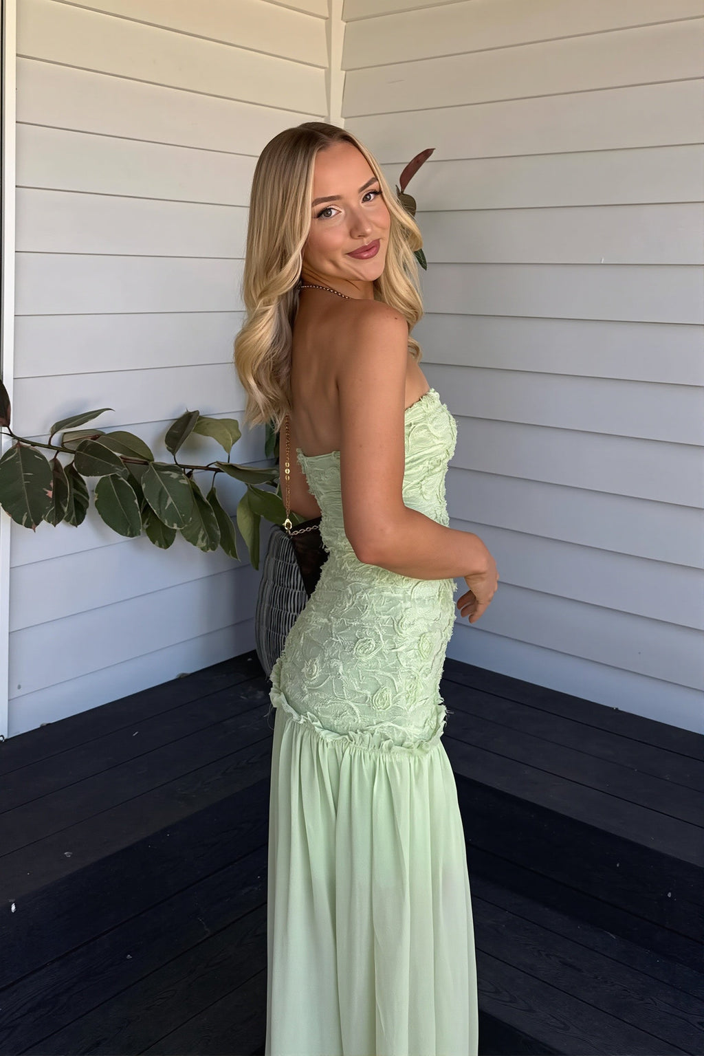 Floral strapless chiffon maxi dress side view