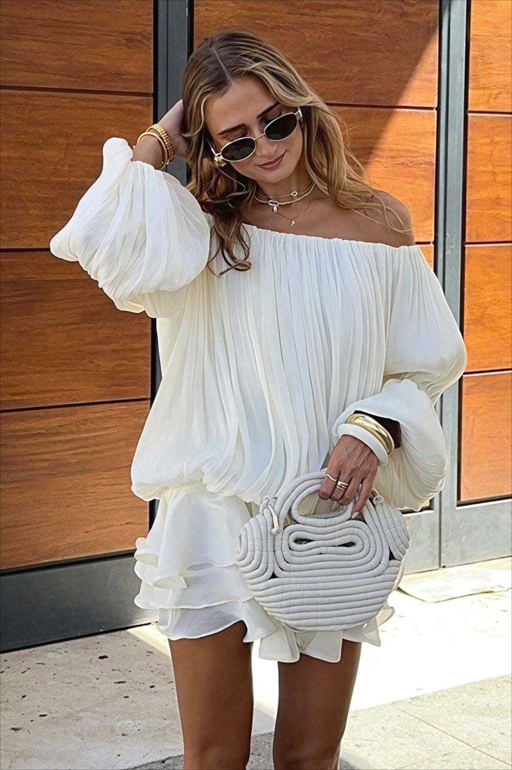 Off-shoulder tiered mini cocktail dress in white, back view