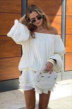 Off-shoulder tiered mini cocktail dress in white, back view