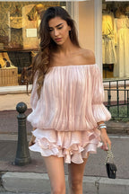 Off-shoulder puff sleeve tiered mini cocktail dress in pink