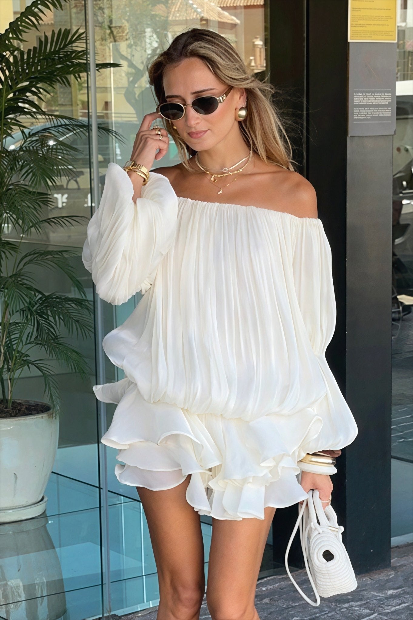 Off-shoulder puff sleeve tiered mini cocktail dress in white