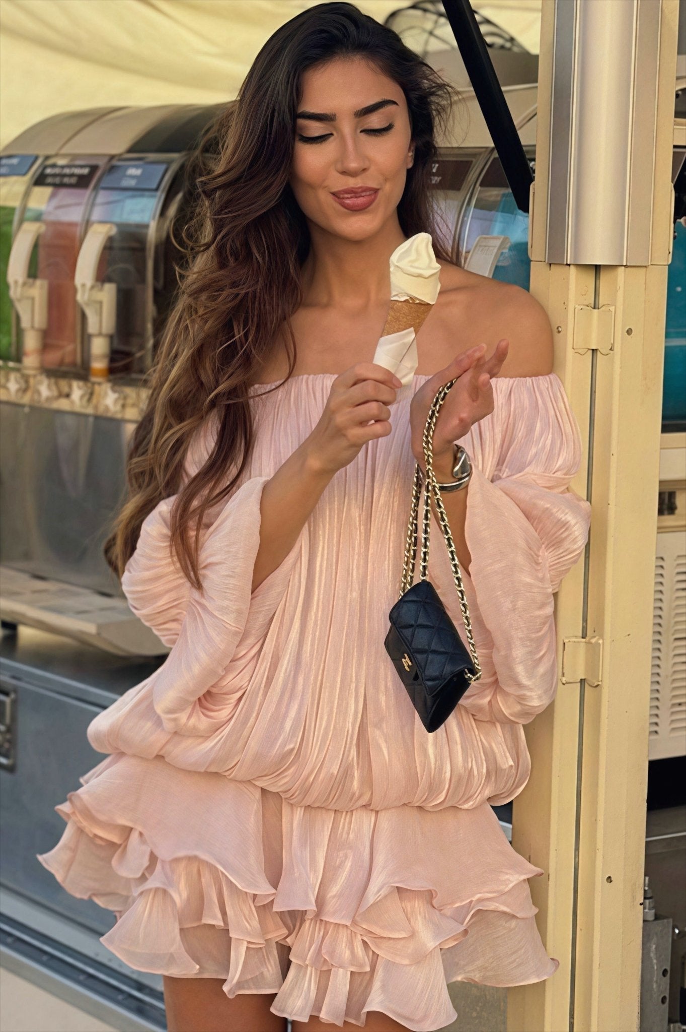 Off-shoulder tiered mini cocktail dress in pink, side view