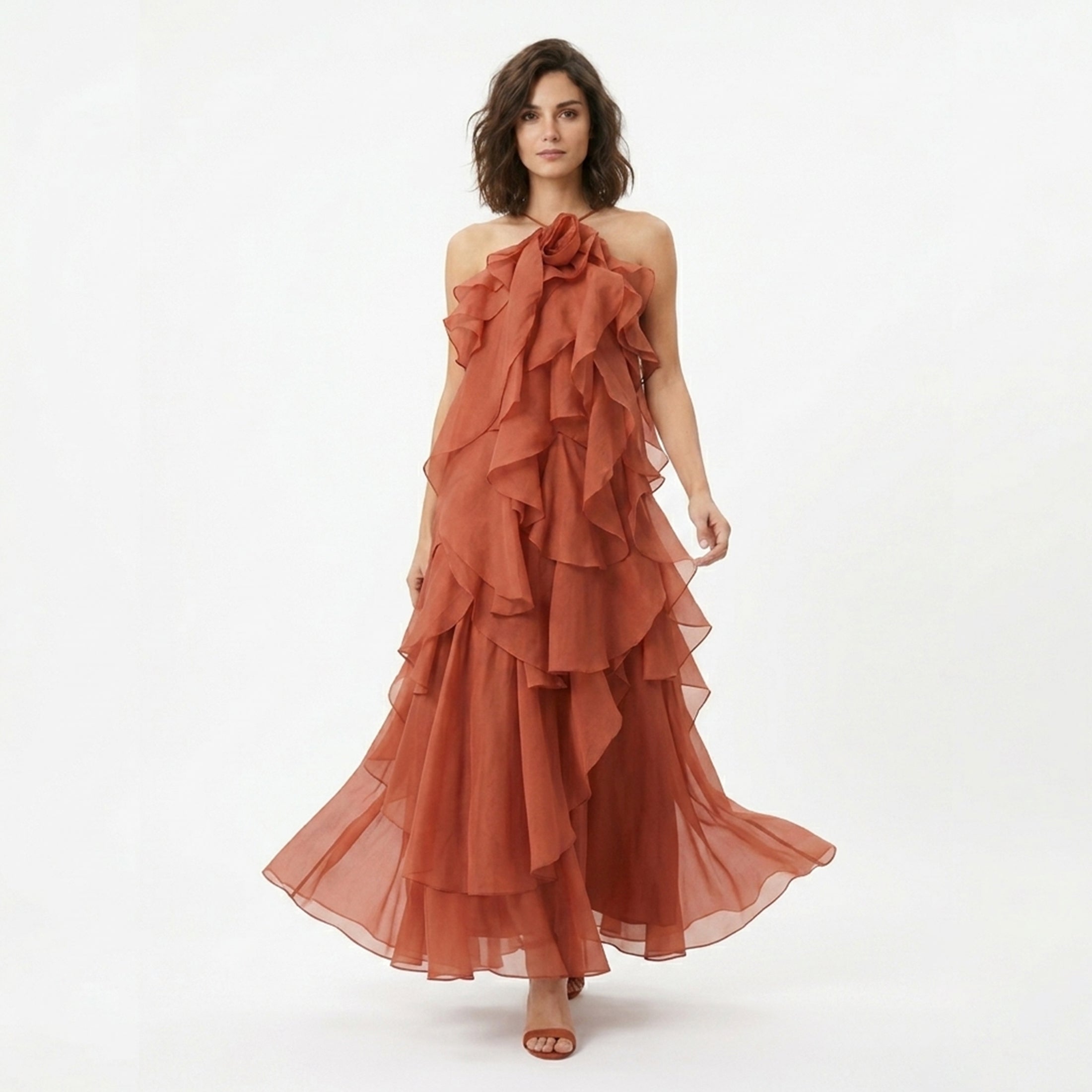 Robe maxi à volants à col halter élégante pour femmes