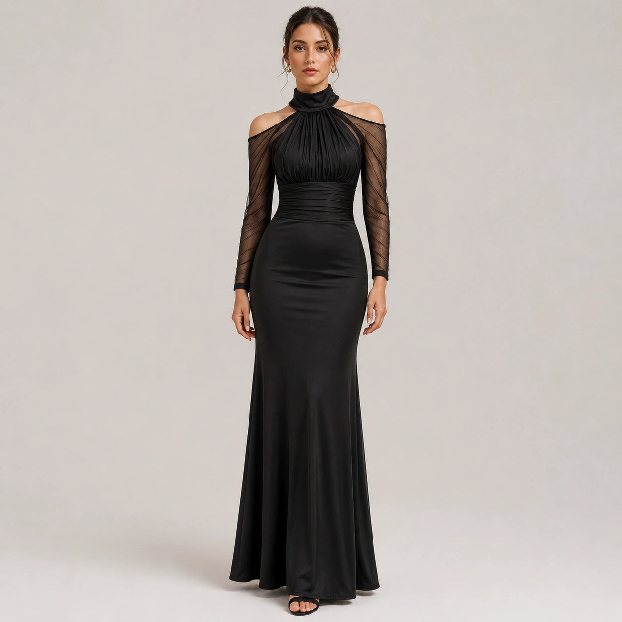 Robe de soirée à col montant froncé pour femmes, épaules dénudées