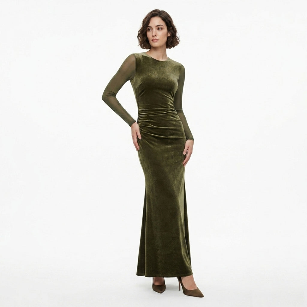 Robe Maxi en Velours Vert Ruché pour Femmes