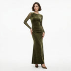 Robe Maxi en Velours Vert Ruché pour Femmes