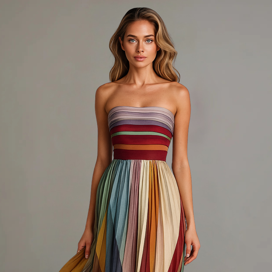 Colorful pleated maxi dress front view