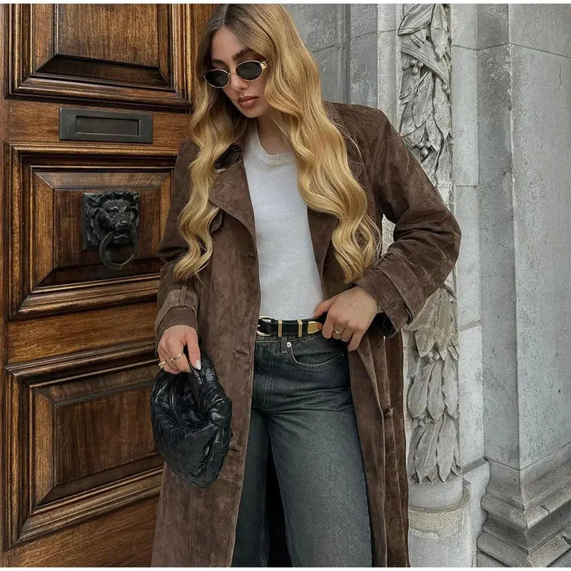 Trench Coat Longline Suede Belted for Autumn