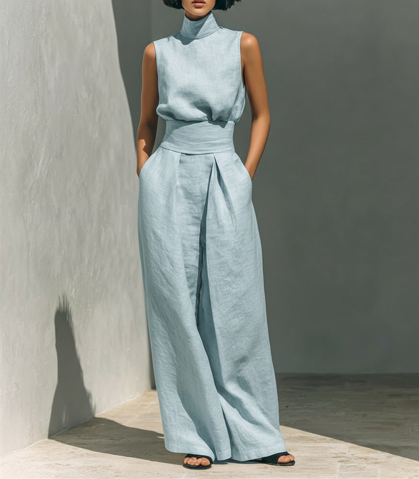 Mock-Neck Sleeveless Wide-Leg Trouser Set for Summer
