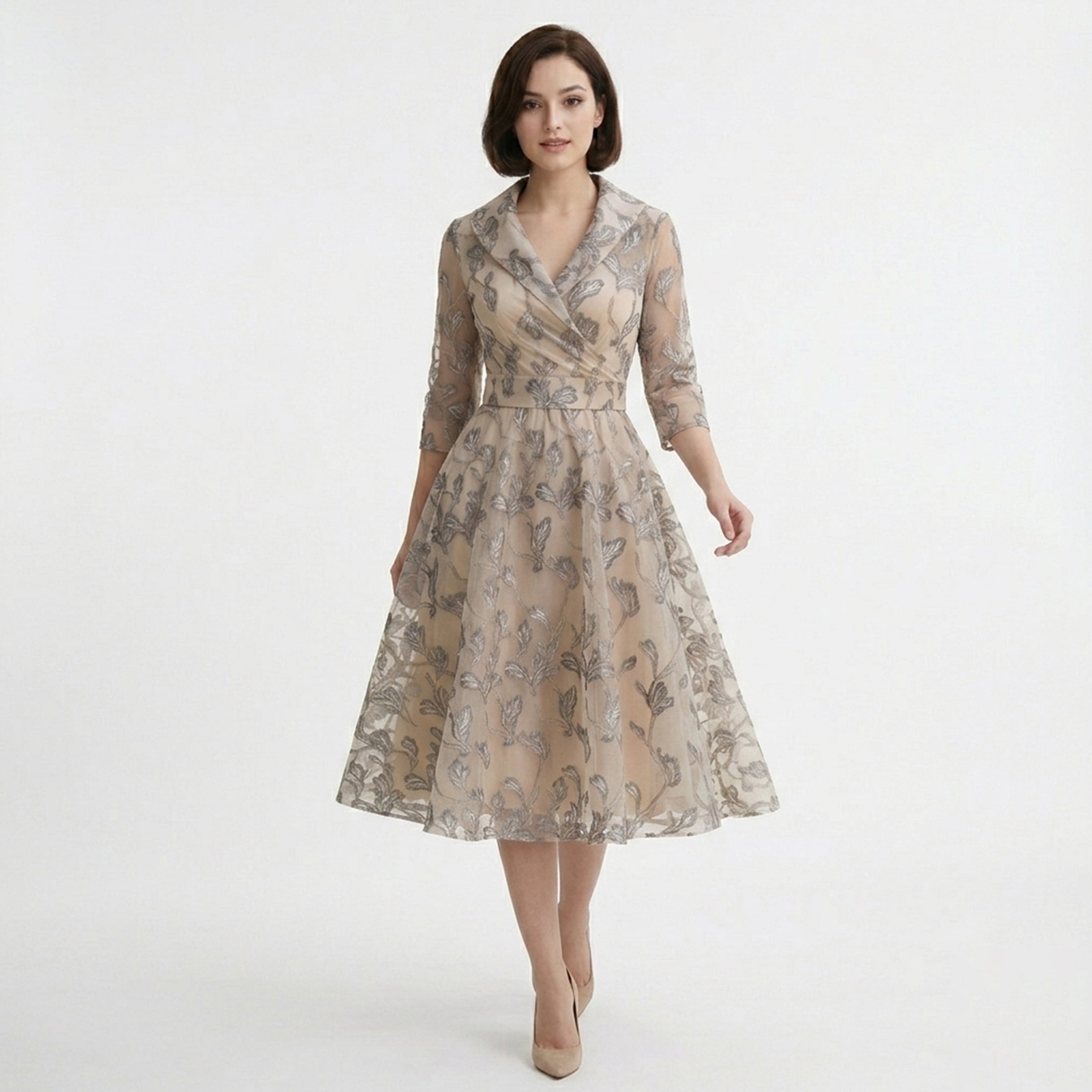 Robe midi A-Line en tulle floral brodé pour femmes