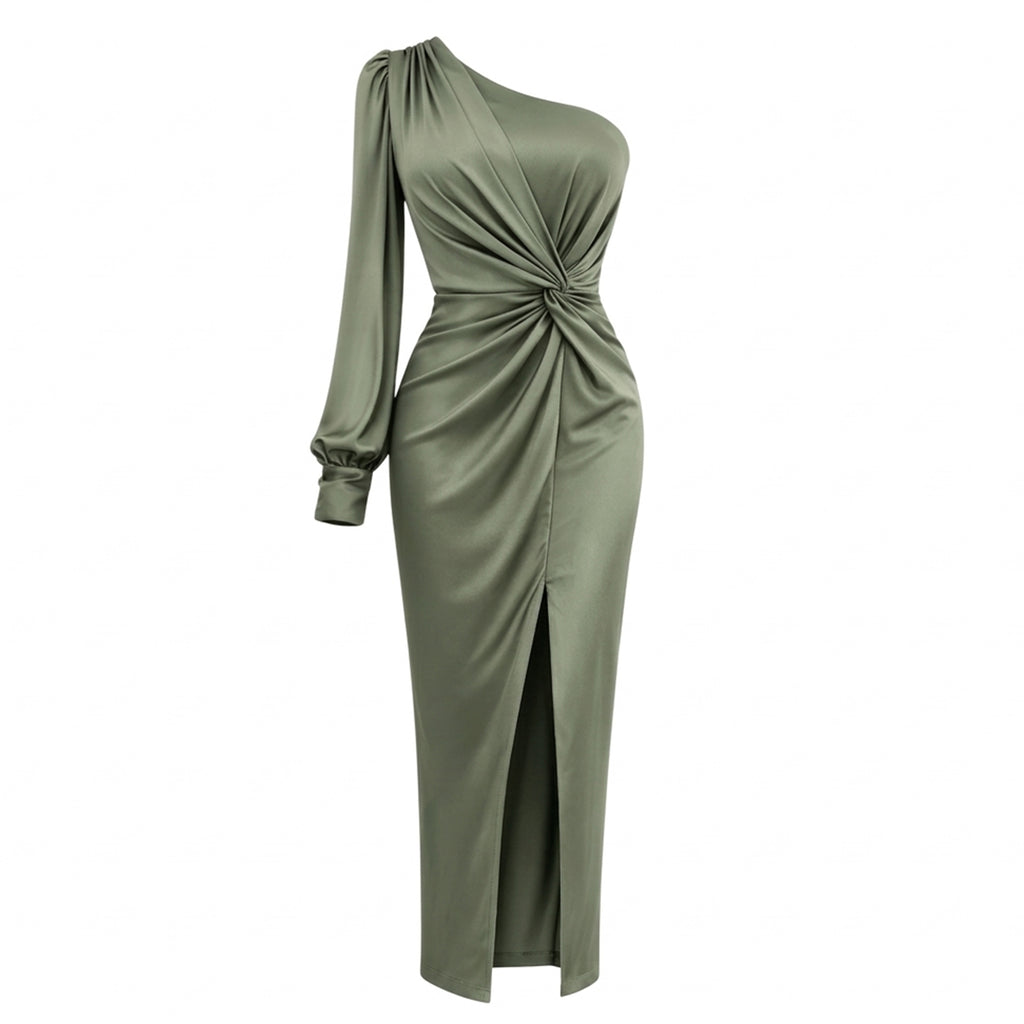 Green One-Shoulder Slit Maxi Dress Women