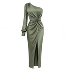 Green One-Shoulder Slit Maxi Dress Women