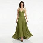 Robe maxi plissée à col halter en dentelle élégante pour femmes
