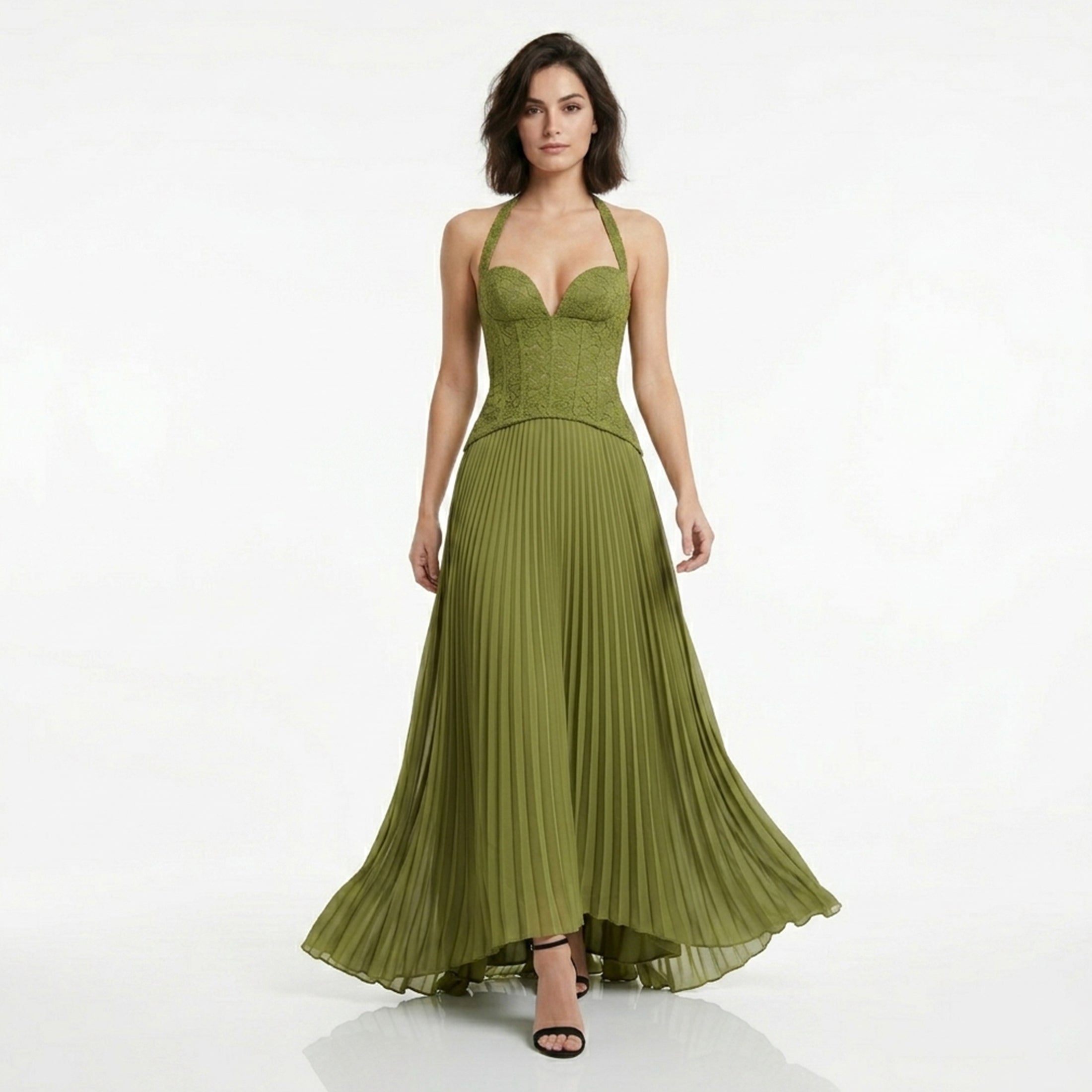 Robe maxi plissée à col halter en dentelle élégante pour femmes