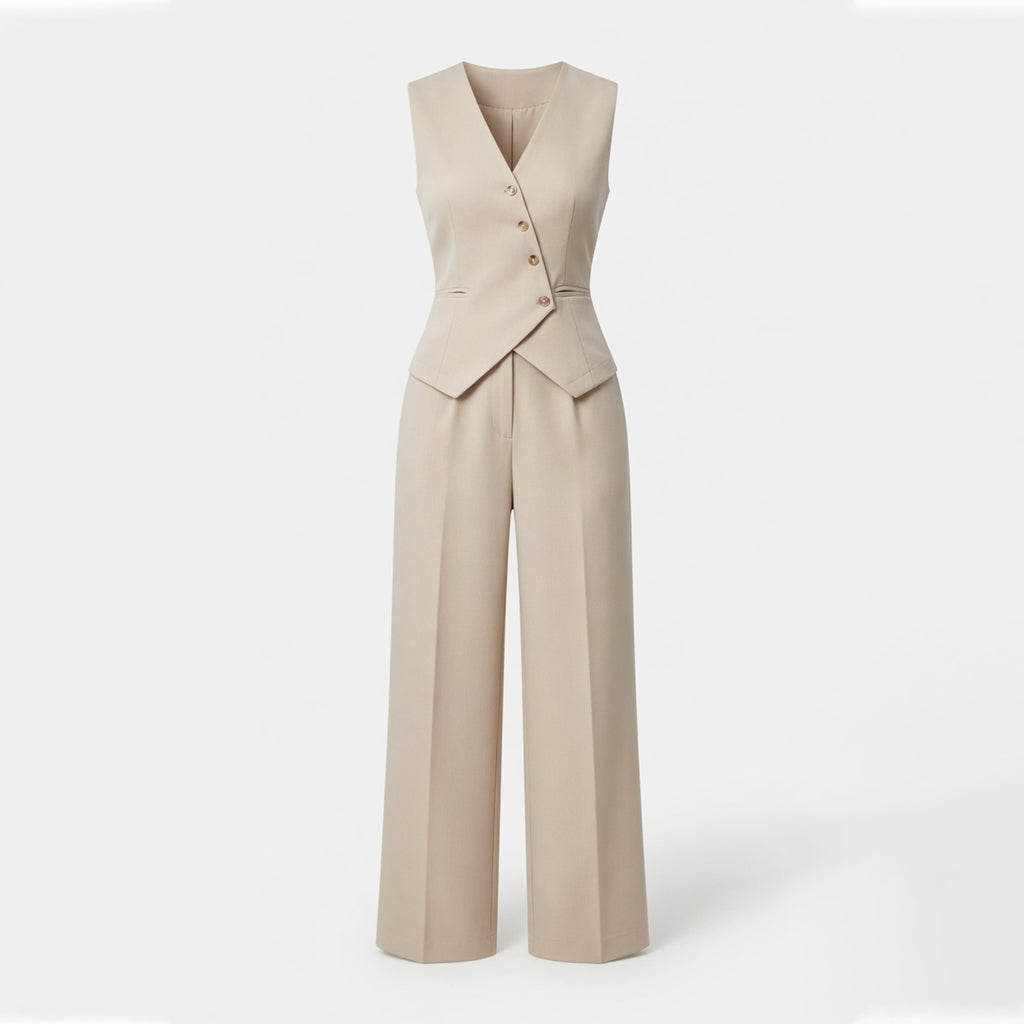 Ensemble de Pantalon Large à Taille Haute et Gilet à Col V Beige pour Femmes