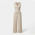 Ensemble de Pantalon Large à Taille Haute et Gilet à Col V Beige pour Femmes