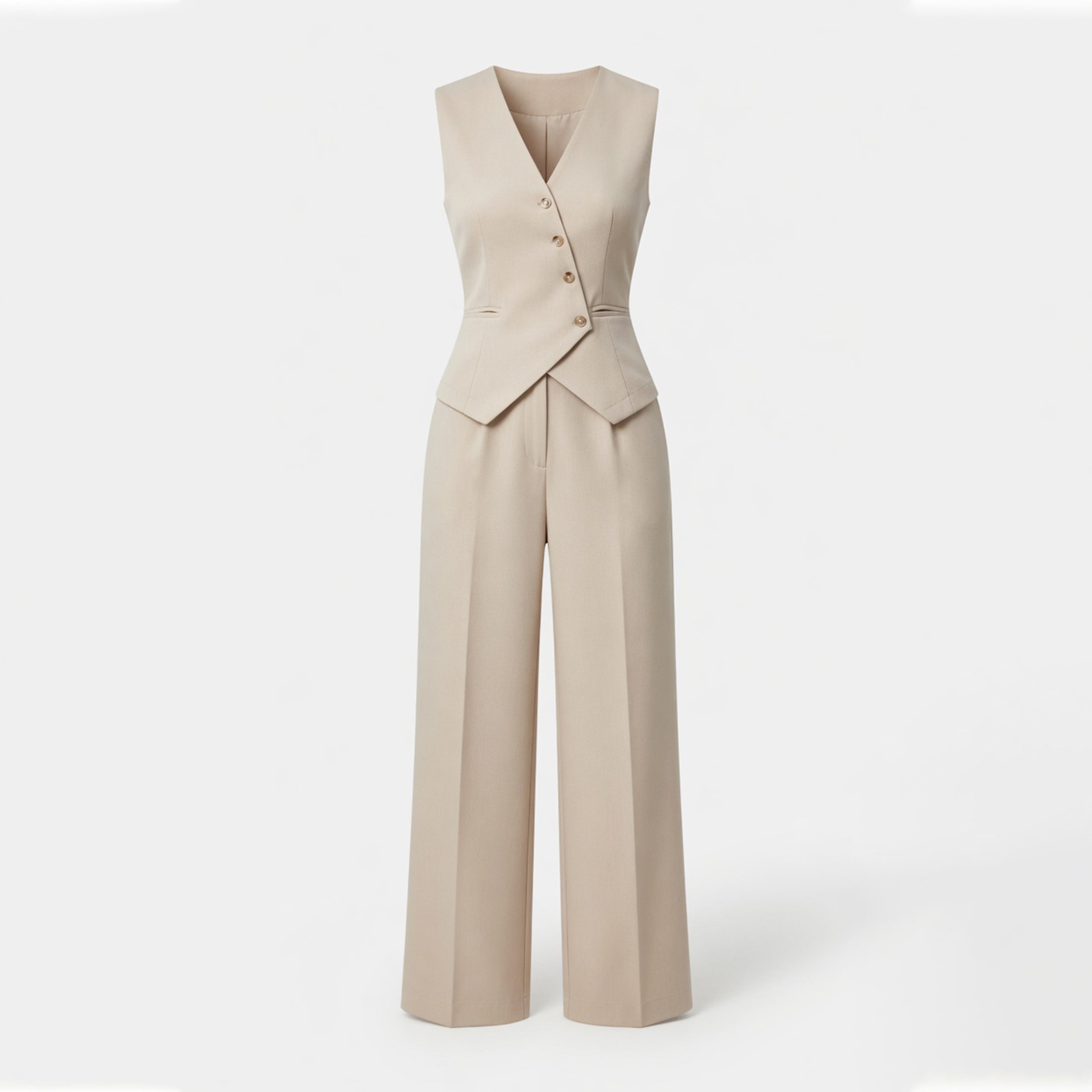 Ensemble de Pantalon Large à Taille Haute et Gilet à Col V Beige pour Femmes