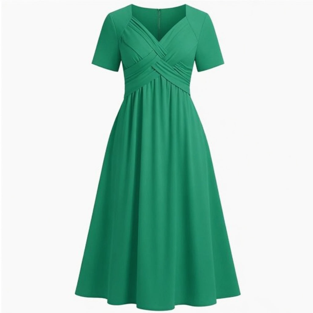 Robe midi à encolure en V froncée pour femmes - Décontractée d'été