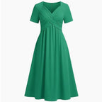 Robe midi à encolure en V froncée pour femmes - Décontractée d'été