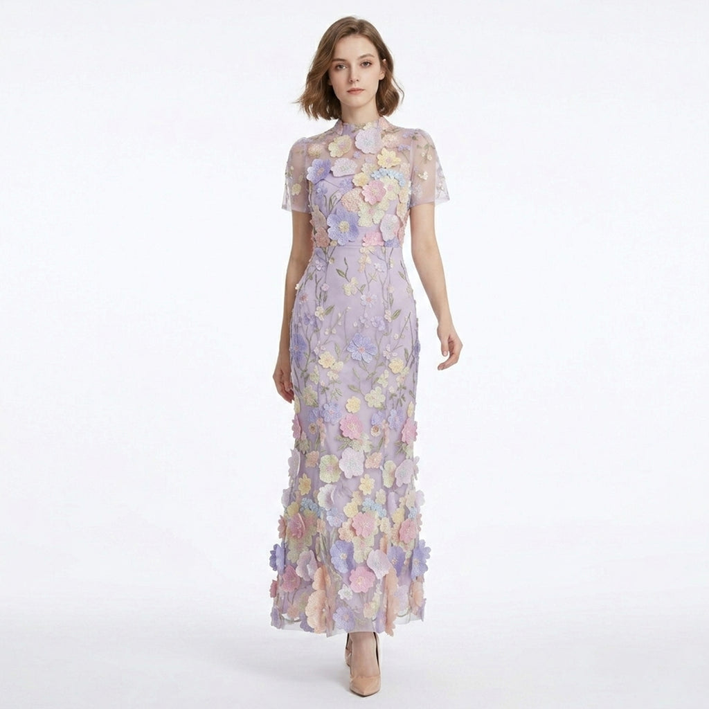 Robe Maxi à Col Montant avec Appliqué Floral Élégante pour Femme